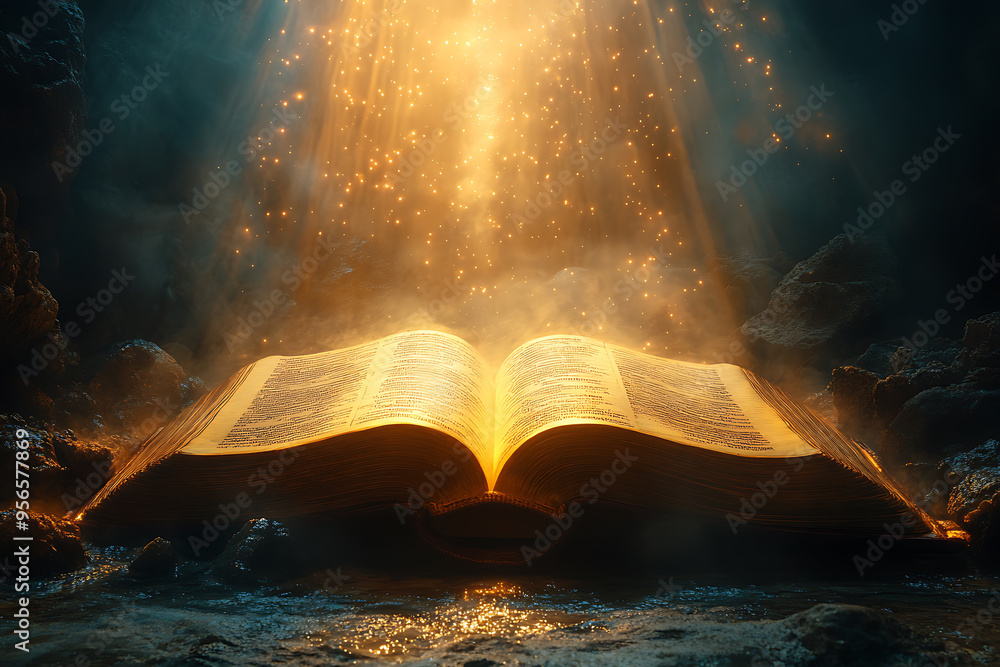 Poster an open book illuminated by a focused light from above, symbolizing divine guidance, with the light 