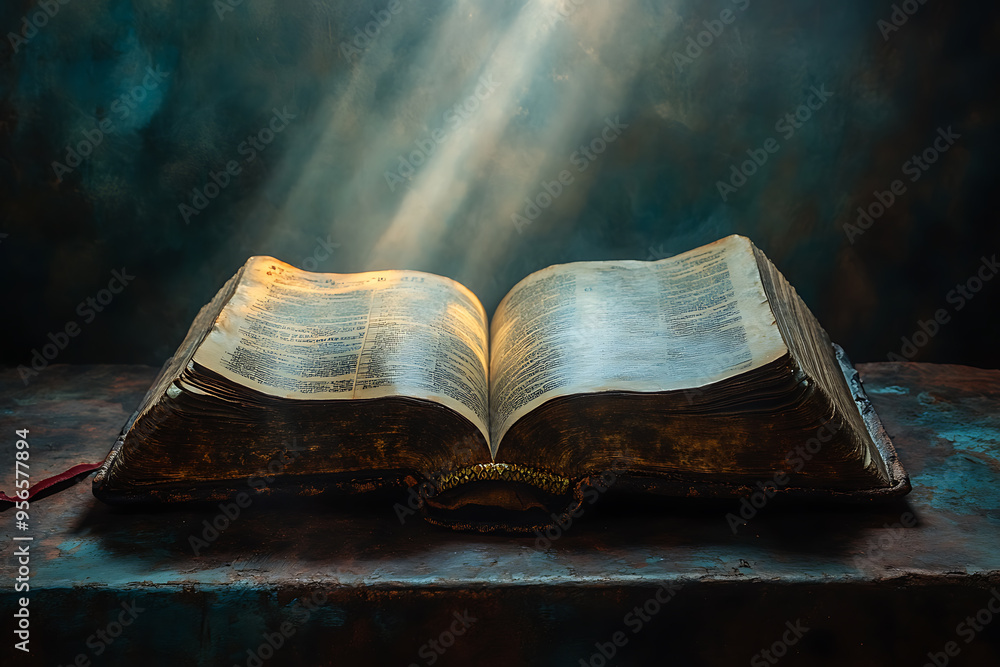 Poster an open book illuminated by a focused light from above, symbolizing divine guidance, with the light 