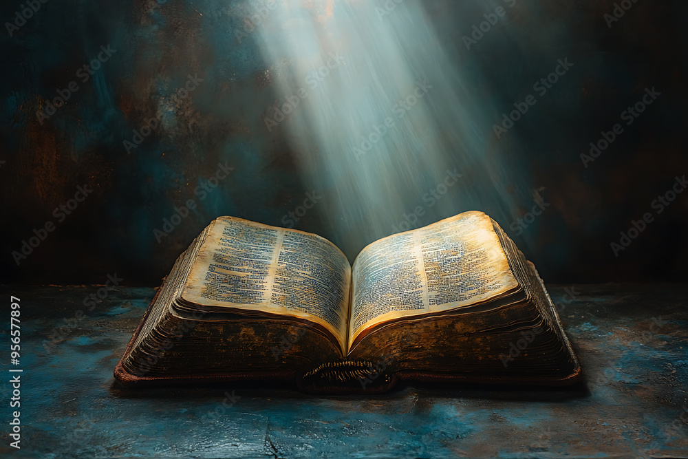 Poster an open book illuminated by a focused light from above, symbolizing divine guidance, with the light 