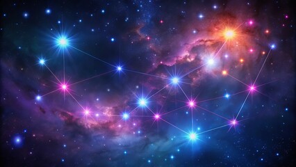 Obraz premium Vibrant stars and nebulae form the iconic Cassiopeia constellation, set against a dark blue celestial background with subtle purple and pink hues.