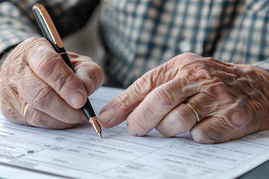 Senior reviewing a pension transfer form with a close up on the document and his pen highlighting the process of managing pension assets