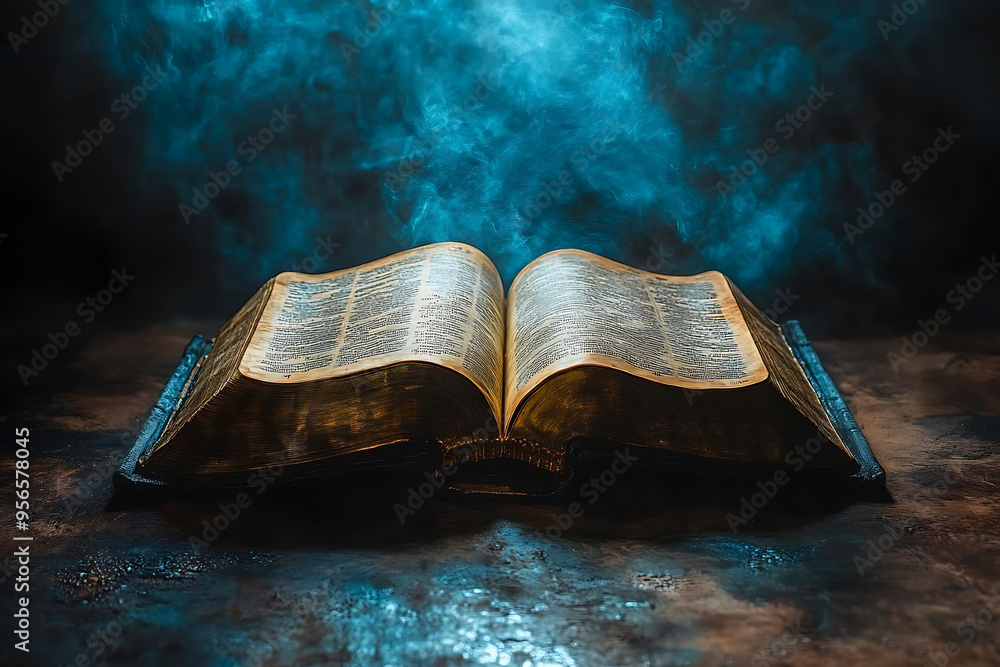 Poster an open book illuminated by a focused light from above, symbolizing divine guidance, with the light 