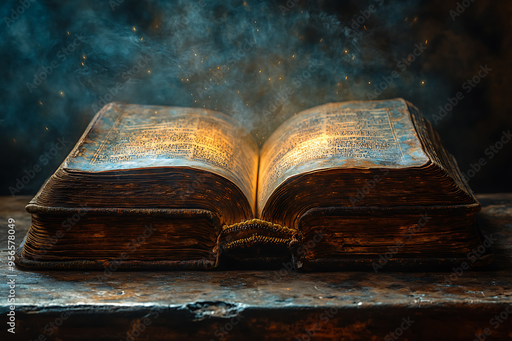 Poster an open book illuminated by a focused light from above, symbolizing divine guidance, with the light 