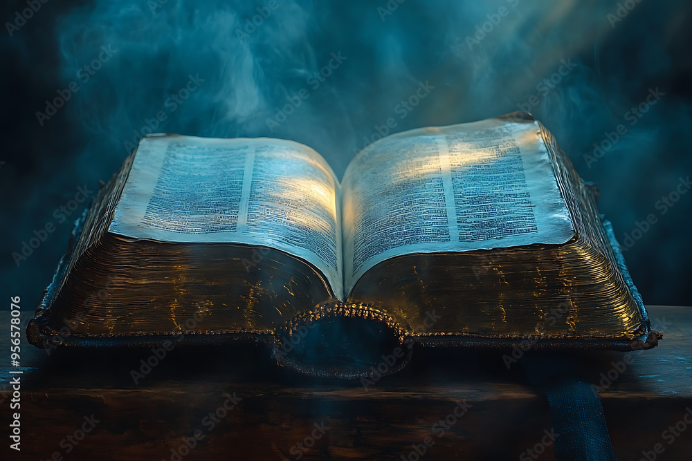 Poster an open book illuminated by a focused light from above, symbolizing divine guidance, with the light 