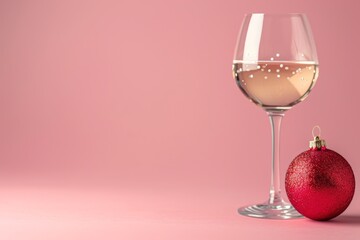 A wine glass with white wine, accompanied by a red glittery Christmas ornament on a soft pink background, blending elegance and festivity.