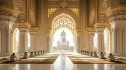 Obraz premium Grand Mosque Interior with Muslim Worshippers Praying During Ramadan