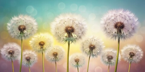 Obraz premium Contemporary banner style x-ray of dandelion flowers on a pastel background, x-ray, dandelions, flowers