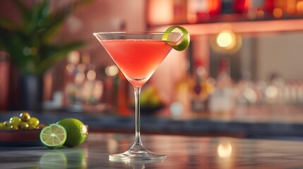 Classic Cosmopolitan in martini glass, with a lime twist, served on a sleek modern bar counter with soft lighting. 