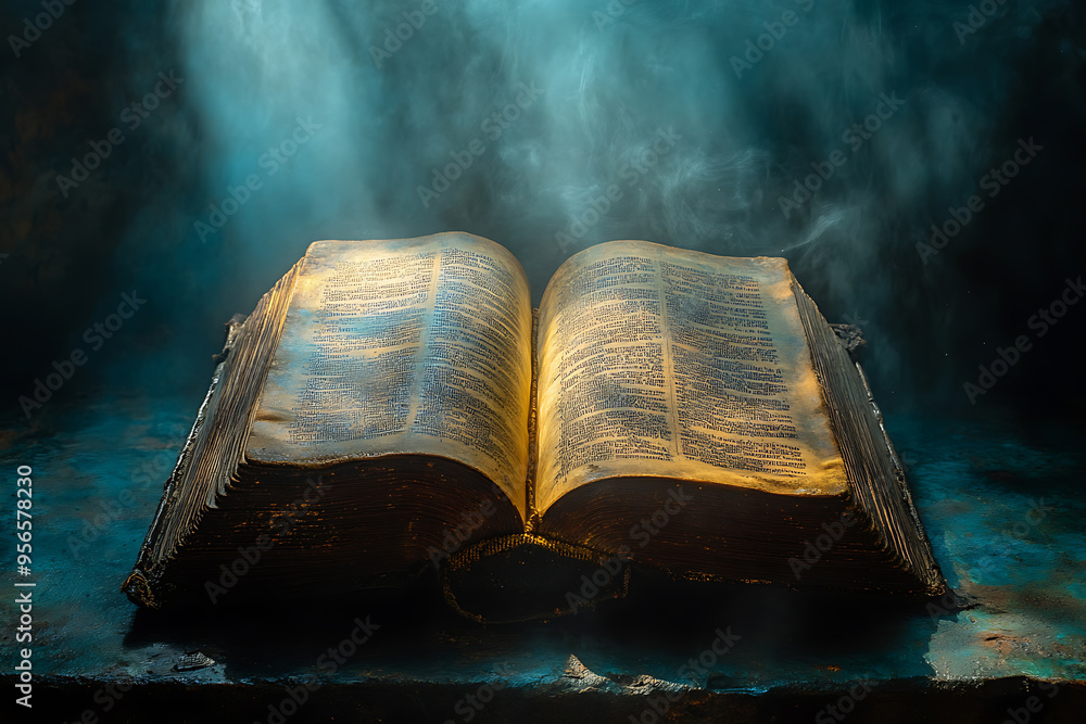Poster an open book illuminated by a focused light from above, symbolizing divine guidance, with the light 