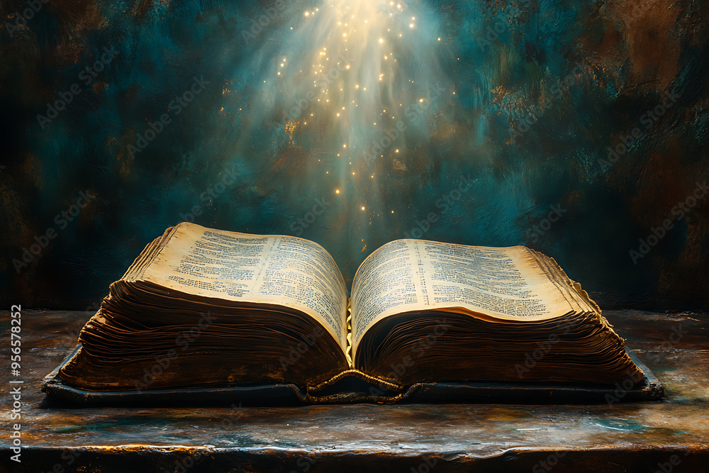Poster an open book illuminated by a focused light from above, symbolizing divine guidance, with the light 