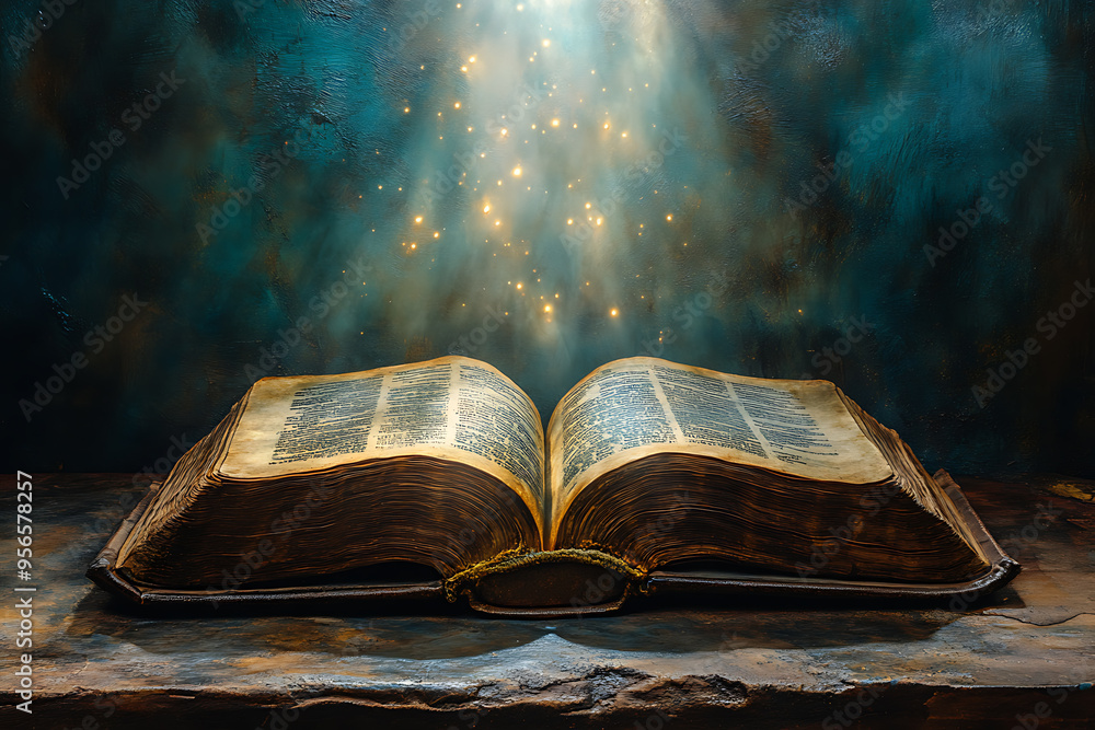 Poster an open book illuminated by a focused light from above, symbolizing divine guidance, with the light 