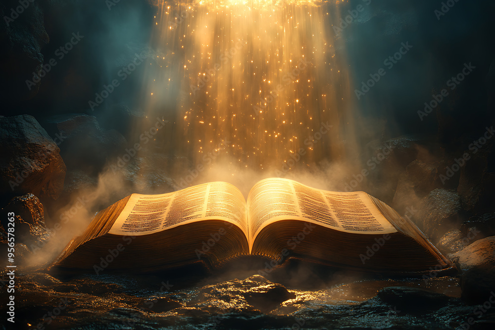 Poster an open book illuminated by a focused light from above, symbolizing divine guidance, with the light 