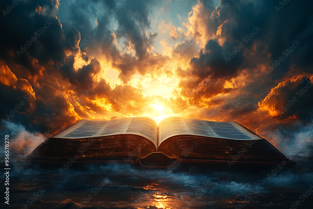 Poster an open book illuminated by a focused light from above, symbolizing divine guidance, with the light 