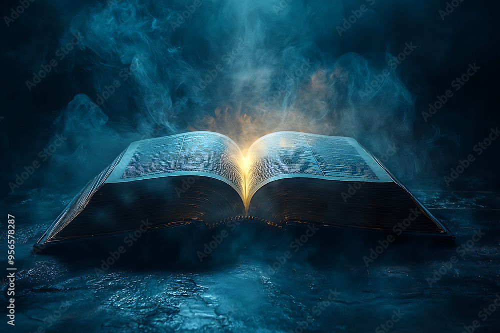Poster an open book illuminated by a focused light from above, symbolizing divine guidance, with the light 
