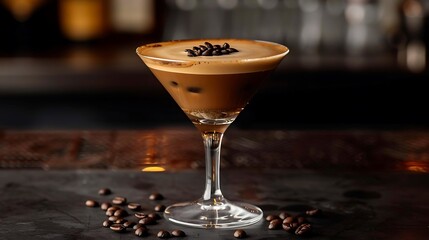 Classic Espresso Martini with coffee beans, served in a martini glass on a dark, polished bar surface. 