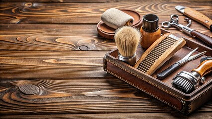 Close-up of a men grooming kit on a wooden table, men, products, grooming, kit, beard, razor, skincare, lotion