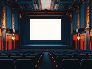 Obraz premium Empty movie theater with blank screen in dark auditorium