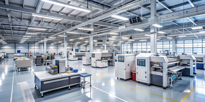 Modern factory interior with digital printing machine production line and automated equipment