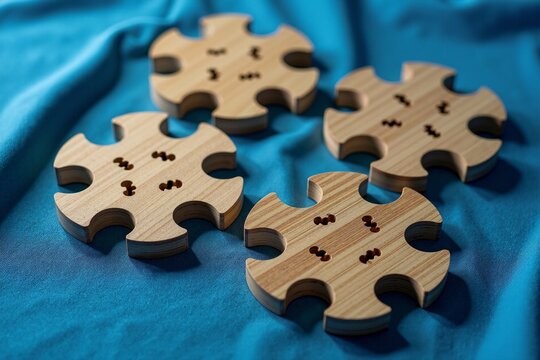 Four wooden puzzle pieces on a blue cloth
