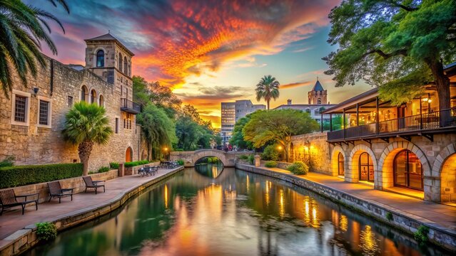 Vibrant sunset casts a warm glow on the iconic Alamo architecture and lively River Walk, surrounded by lush greenery in San Antonio, Texas.