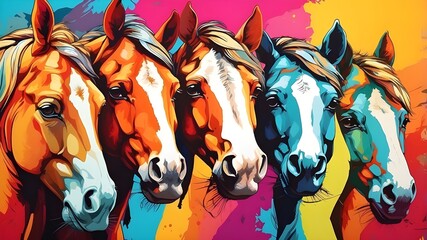 Obraz premium close up pop art portrait, a group of colorful horses, illustration with cat facial