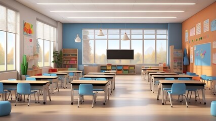 The interior of a contemporary elementary school classroom. Generative AI for photorealistic illustrations.