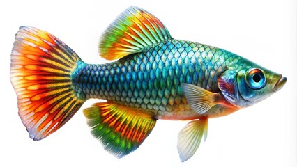 Fototapeta premium Vibrant tropical fish with iridescent scales and flowing fins swims solo against a stark white background, highlighting its exotic beauty and vibrant colors.