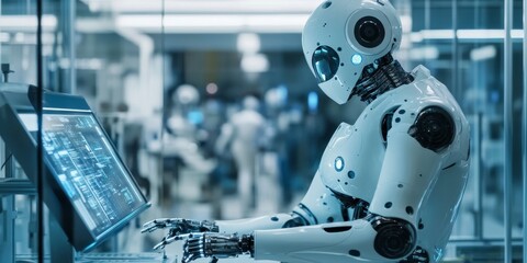 High-Tech Robotics Laboratory with Engineer Programming Humanoid Robot