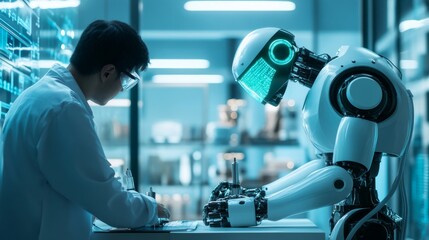 High-Tech Robotics Laboratory with Engineer Programming Humanoid Robot