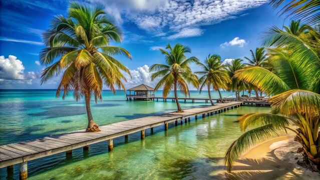 Vibrant turquoise waters lap at the shore of a serene beach in Placencia, Belize, lined with swaying palm trees and rustic wooden docks.