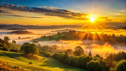 Fototapeta premium Vibrant warm rays of sunrise illuminate the serene landscape, casting a golden glow on the rolling hills and misty valleys, awakening a new day.