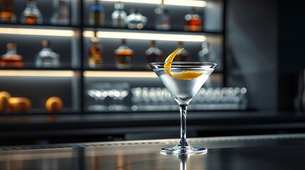 Classic Vesper Martini with lemon twist, served in a martini glass on a sleek, modern bar counter with soft lighting. 