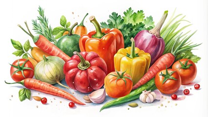 Vibrant watercolor illustration of assorted colorful vegetables, including tomatoes, carrots, and peppers, scattered playfully on a soft, white background with gentle texture.