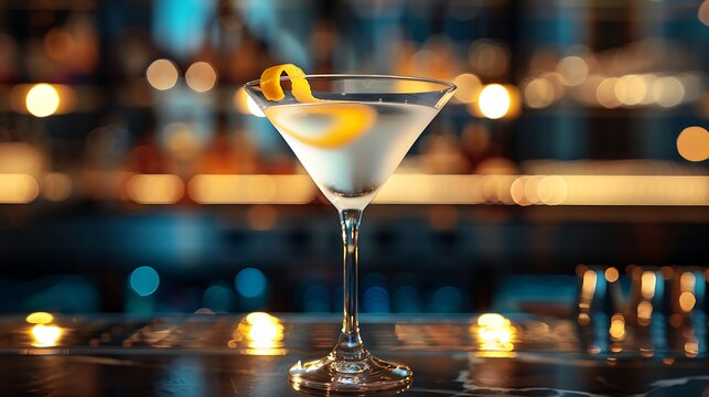 Classic Vesper Martini with lemon twist, served in a martini glass on a sleek, modern bar counter with soft lighting. 
