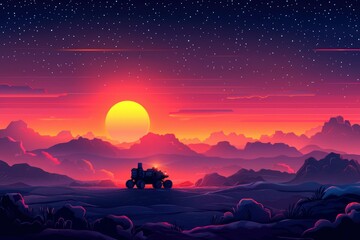 A Martian Rover at Sunset with a Starry Sky
