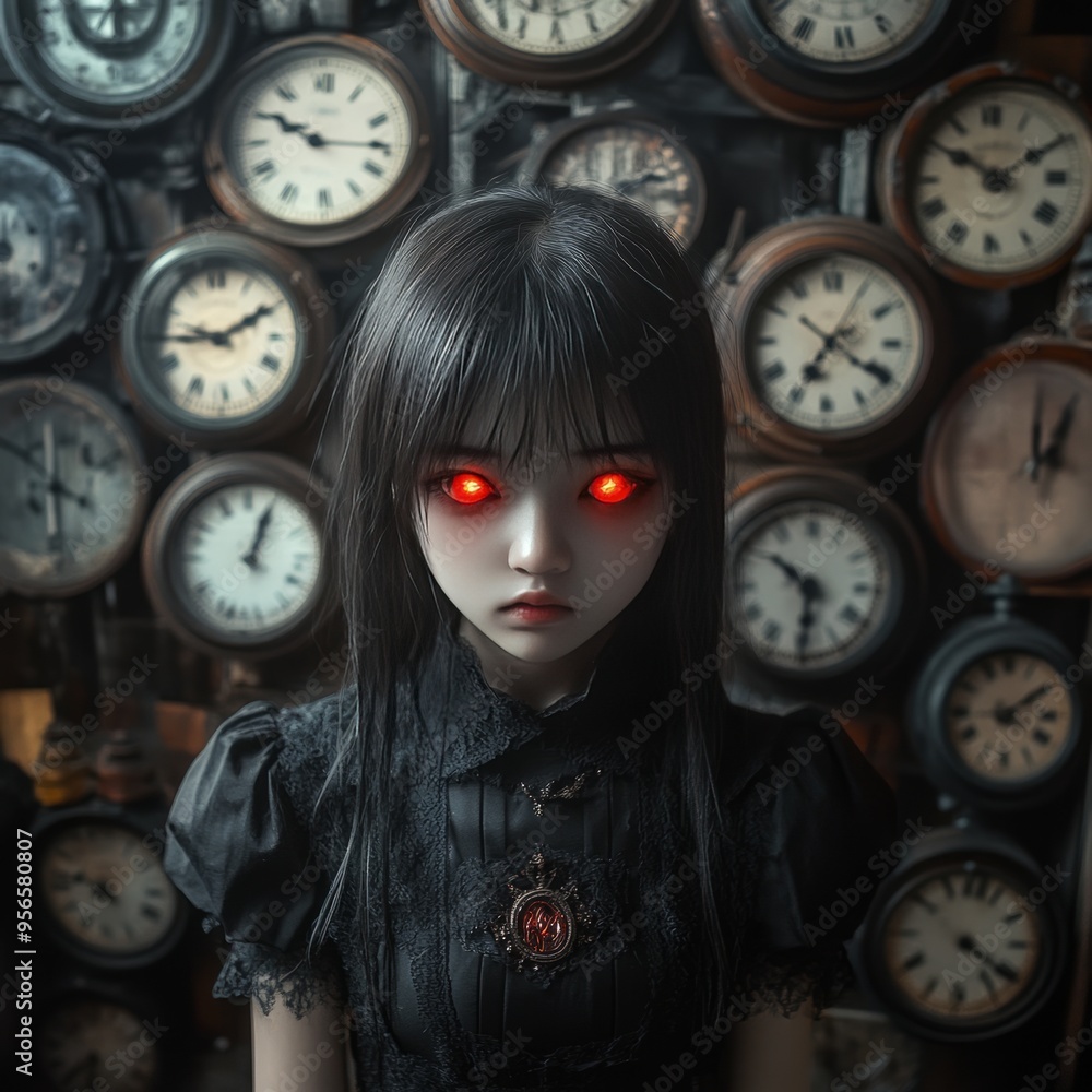 Wall mural A young girl with red eyes stands in front of a wall of antique clocks, a surreal and eerie image.