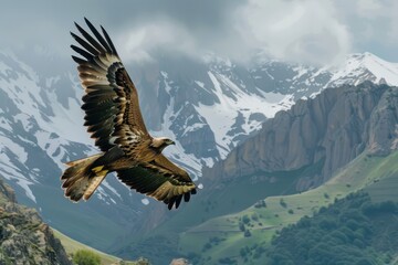 Fototapeta premium An image of a majestic golden eagle soaring high above the Pyrenees mountains