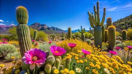Vibrant yellow and pink wildflowers burst with life amidst the arid desert landscape, surrounded by towering cacti and a serene, cloudless blue sky.