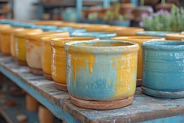 Fototapeta premium Own set of handmade ceramic mugs. Generative AI