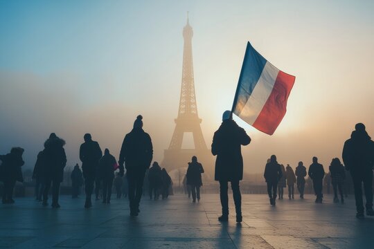 Silhouettes with French flag in front of the Eiffel Tower at sunrise. Symbolizes patriotism, travel, and iconic Parisian landmarks in a misty atmosphere.