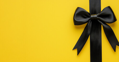 Black ribbon bow on yellow background. Ideal for gift packaging, celebration themes, and promotional graphics with vibrant contrast for black friday