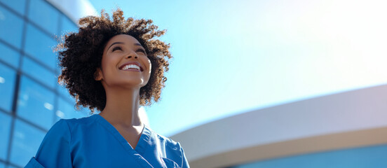Smiling healthcare professional in blue scrubs against a bright sky. Represents positivity, healthcare excellence, and the joy of helping others.