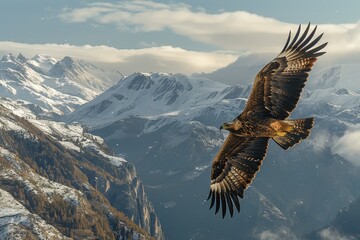 Fototapeta premium An image of a majestic golden eagle soaring high above the Pyrenees mountains