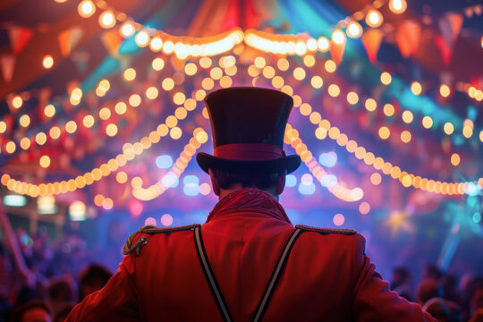 Circus ringmaster in a top hat surrounded by colorful lights and a festive atmosphere. Captures the magic, excitement, and vibrant energy of a circus performance.