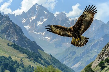 Obraz premium An image of a majestic golden eagle soaring high above the Pyrenees mountains