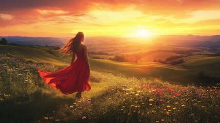 A woman in a red dress stands on a green hill, basking in a golden sunset, surrounded by wildflowers.