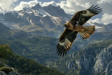 Fototapeta premium An image of a majestic golden eagle soaring high above the Pyrenees mountains