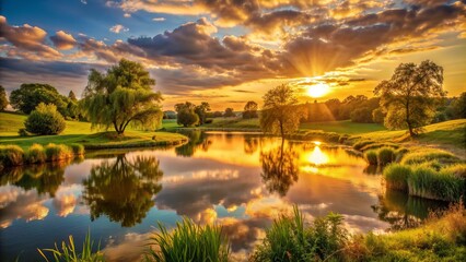 Fototapeta premium Warm golden light illuminates a serene landscape as the sun dips below the horizon, casting a tranquil atmosphere during the fleeting moments of summer dusk.