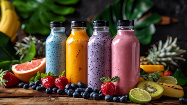 Colorful probiotic kefir smoothies in bottles, set on a rustic wooden table with fresh fruits and vibrant background. 