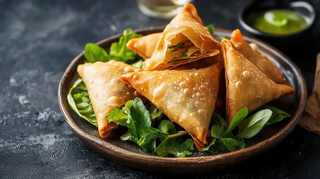 Appetizing Real Style Fataya Samosa on a Wooden Table, Crispy Golden Brown Delights, Delicious Indian Snack Ready to Enjoy